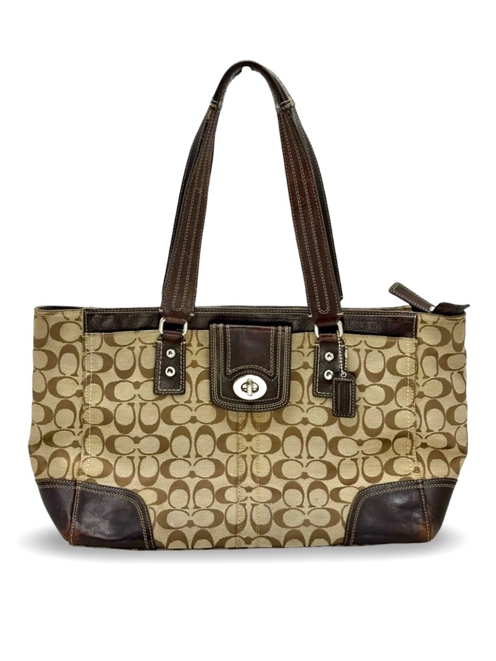 Coach Hamptons Signature Carryall Tote Brown Canvas Leather Turnlock F13974